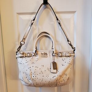 COACH Madison Laser Cut Eyelet Satchel Cream Leather 2WAY